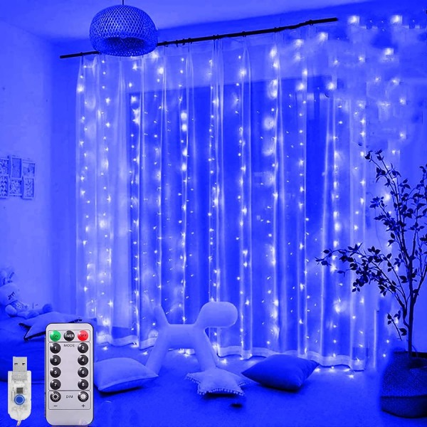 LED-ljus? 3 x 3m, 300 LED Light Loop 8 Mode, USB Light Loop Gardin med fjärrkontroll, jul blue