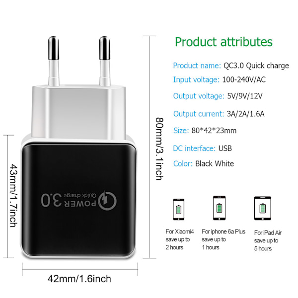 Universal QC3.0 USB-lader EU-kontakt 18W Hurtig lading 3.0 Rask adapter Vegg Mobiltelefonlader