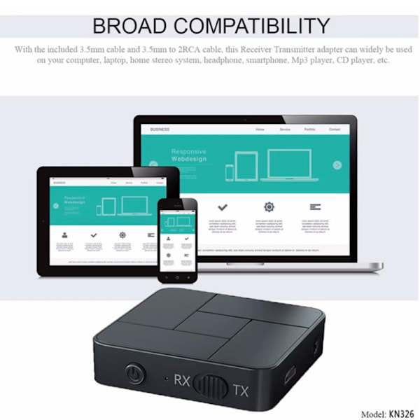 2-i-1 Bluetooth 5.0 Modtager Stereo Musik Tilpasset Adapter + RCA