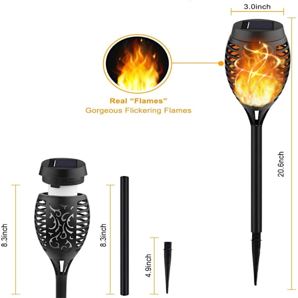Utendørs flammelys, solcelledrevet fakkellys, induksjonslys, hagegård utedekorasjon, plenlys 2pcs