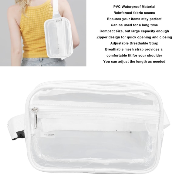 Klar Sling Bag Vandtæt Stor Kapacitet Justerbar Rem Transparent PVC Bryst Talje Pakke til Sport Rejser Hvid