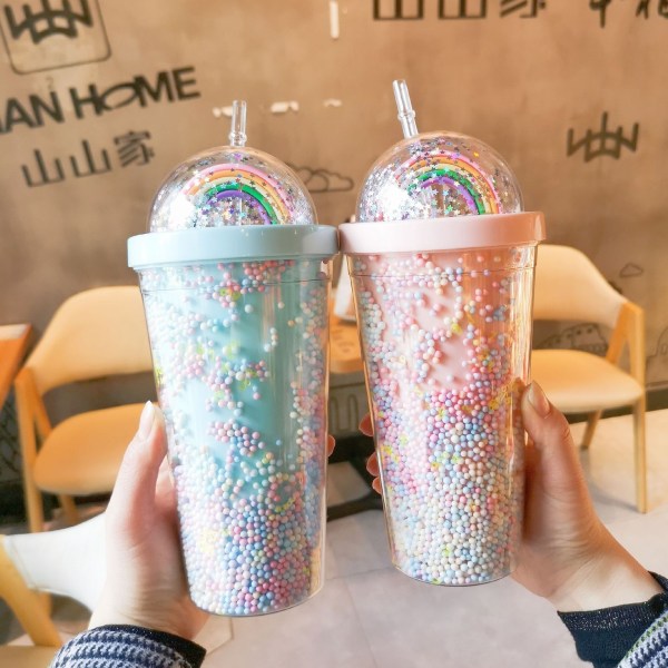 Vattenflaska med sugrör drickflaska 550 ml rosa A