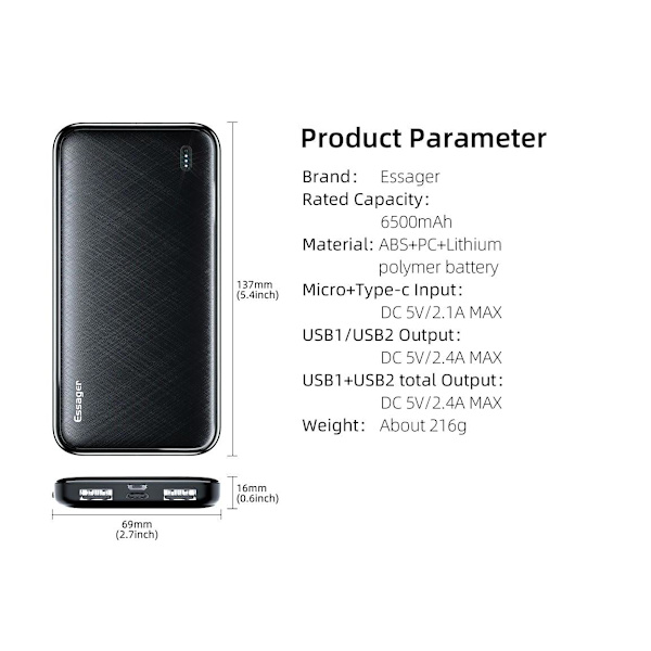 Powerbank 10000mAh Vit en storlek