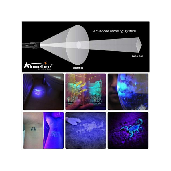 LED UV 365nm lommelykt 10W T6 LED + Zoom Svart