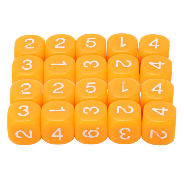 20 kpl 6-sivuista numerokuutiota pyöristetyillä kulmilla, muoviset, lautapeliin ja opetusvälineeksi, oranssit