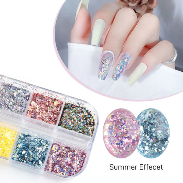 12 Række Holografisk Neglekunstfolie Flager Neglefolie Flager Glitter Neglepailleter Konfetti Guld Sølv Uregelmæssig Glitter Neglefolie Paillette