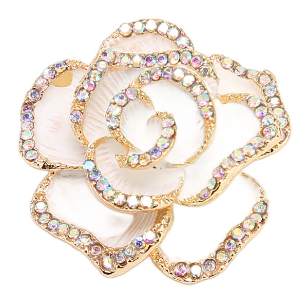 Vit Blomma Brosch Nål Kvinnor Retro Elegant Utsökt Legering Rhinestone Blomblad Brosch för Bröllop Bankett
