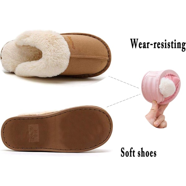 Dames Hjemmesko Vinter Varme Memory Foam Fluffy Slip-on /Anti-Skid Sål, Hjemmesko Indendørs Og Udendørs Light brown 42.5/44 EU