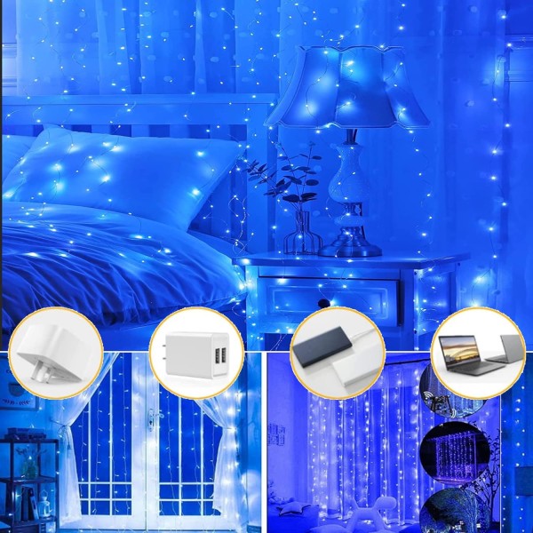 LED-lys? 3 x 3m, 300 LED lysløkke 8 moduser, USB lysløkke gardin med fjernkontroll, Jul Warm White