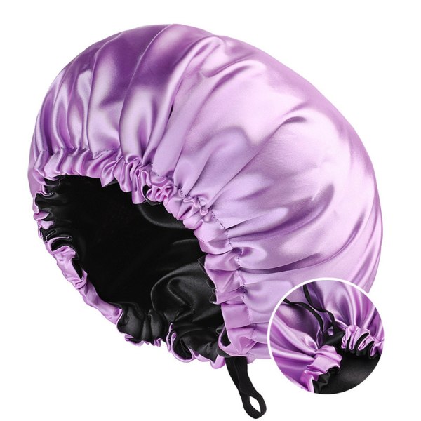 Naisten cap Kaksikerroksinen satiininen yömyssy kauneus- ja kampaamokäyttöön säädettävällä cap. Light purple+Black Adjustable