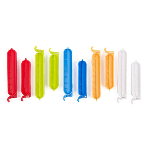 10-pack påseklämmor i 2 storlekar, flerfärgade
