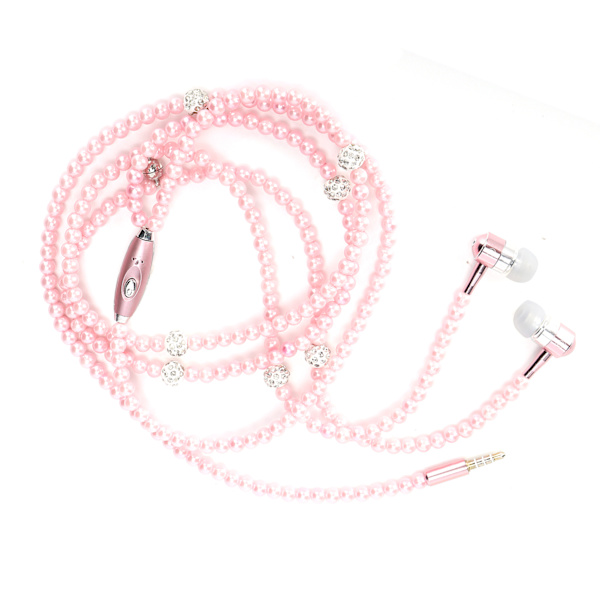 Örhängen typ hörlurar Simulerat pärlhalsband med mikrofon Stereo hörlurarRosa