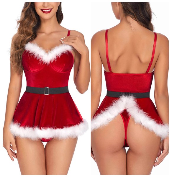 Joulun seksikkäitä alusvaatteita aikuisten Sexy Sling yksiosainen bow joulupuku Red L
