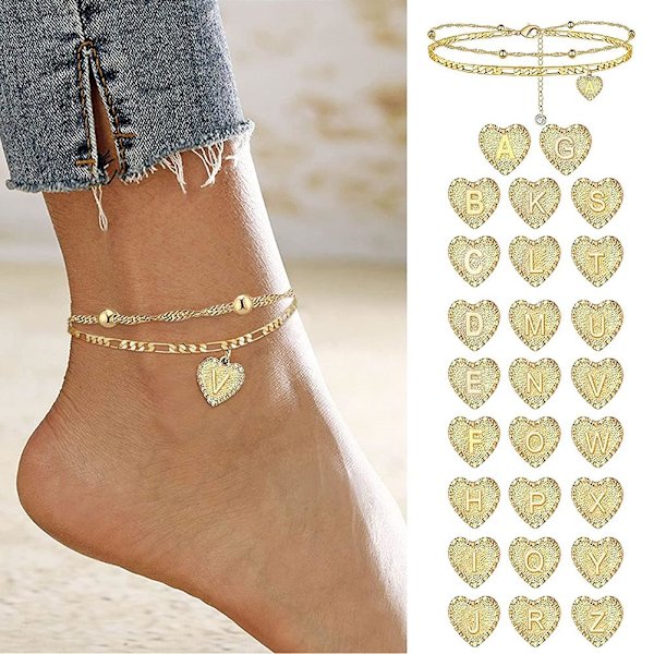 Strandankel for kvinner 26 bokstaver hjerte initial anklet håndlaget delikat lagdelt bokstav initial hjerte anklet strand smykker gaver