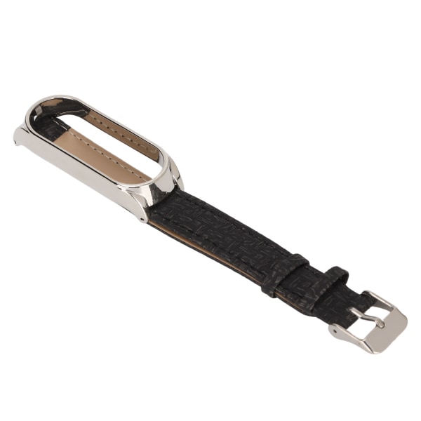 Læder Urremme Hurtig Udskiftning Læder Urremme Flettet Mønster Armbånd med Metal Spænde til Xiaomi Mi Band 6 (Sort Sølv)