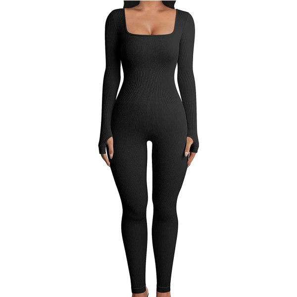 Yoga fitness jumpsuit med gevind med firkantet hals black XL