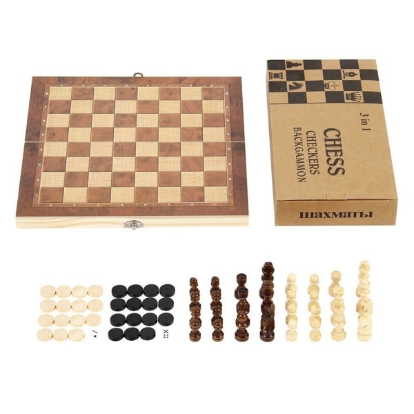 Puinen taitettava 3-in-1-shakki Länsi-Backgammon-tammi Puinen shakkilauta taittuva shakkilautapeli 24*24cm