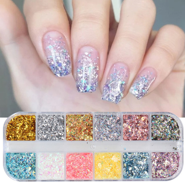 12 Række Holografisk Neglekunstfolie Flager Neglefolie Flager Glitter Neglepailleter Konfetti Guld Sølv Uregelmæssig Glitter Neglefolie Paillette