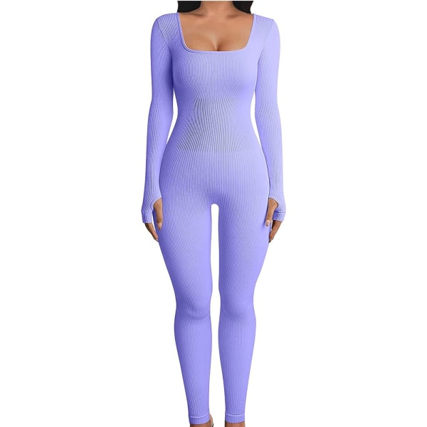 Yoga fitness jumpsuit med gevind med firkantet hals purple L