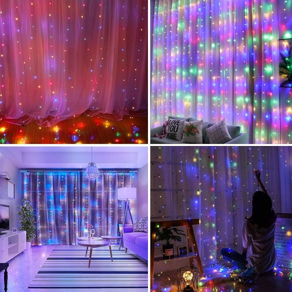 LED-lys? 3 x 3m, 300 LED lysløkke 8 moduser, USB lysløkke gardin med fjernkontroll, Jul Warm White