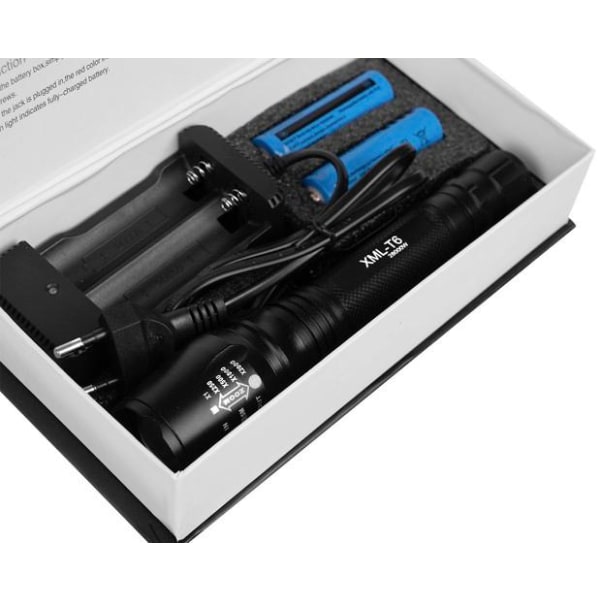 Taskulamppu LED Cree XML-T6 + 2 Akku + Laturi Musta
