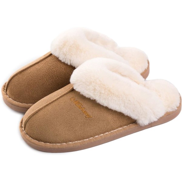 Dames tøfler Vinter Varme Minneskum Fluffy Slip-on /Anti-Skli Sole, Hjemmesko Innendørs Og Utendørs Light brown 38.5/40 EU