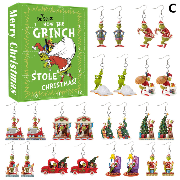 Joulu Blind Box -sarjan Grinch-korvakorut, vihreä turkkihirviö, 12 tunnin laskeaika, akryyliset litteät korvakorut A