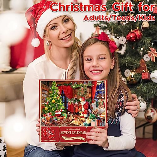 Adventskalender 2023 julpussel - jultomten förbereder presenter, 24 lådor-1008 bitar pussel för barn 1