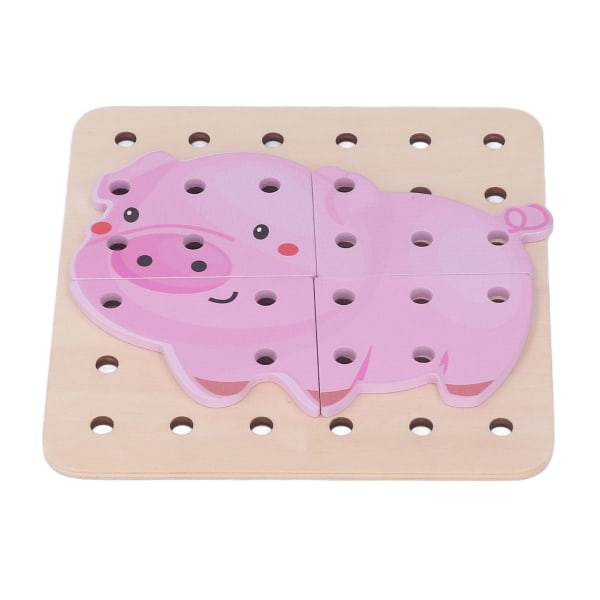 Wooden Lacing Threading Toys Cute Educational Burr Free Wood Threading Panel Toys for Above 3 Years Old Pig