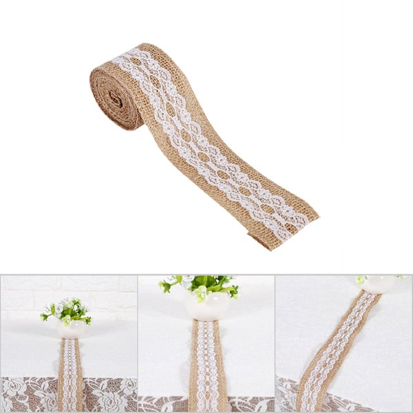 Naturlig Jute Burlap Bånd med Hvid Blonder Rustik Stil Bryllup Fest Håndværk Dekoration #5