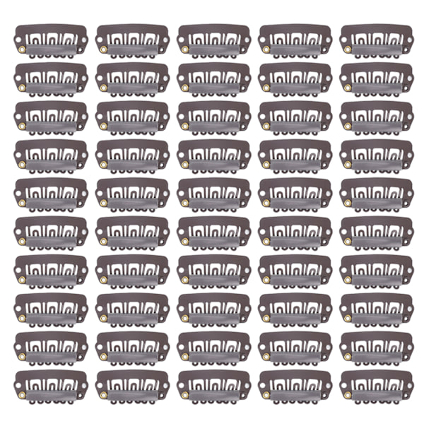 50 stk 6 Tips 6 Tenner Parykk Snap Clip Metall Rustfritt Stål Hårclips for Parykker Hårextensjon Mørk Brun