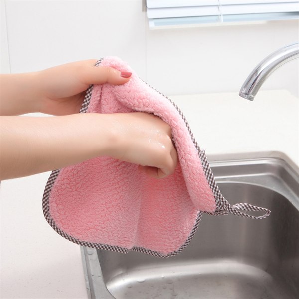 1Pc Kitchen Hanging Hand Towel Super Absorbent Coral fleece Soft Cleaning Dish Wipe(Pink)