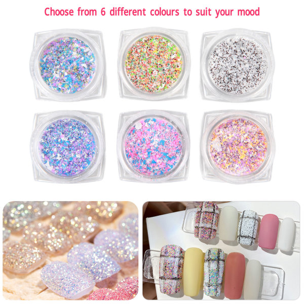 6 Boxar Glittrande Socker Effekt Glitter DIY Hantverk Elegant Nageldamm Sandpulver Nagelsmycke