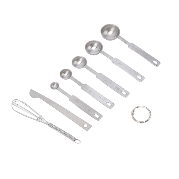 Mätskedar 7 i 1 Rostfritt Stål Stapelbar Design Multifunktionella Mätskedar Set med Nivellering Visp Silver