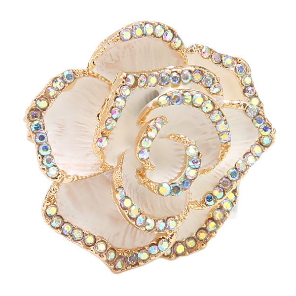 Vit Blomma Brosch Nål Kvinnor Retro Elegant Utsökt Legering Rhinestone Blomblad Brosch för Bröllop Bankett