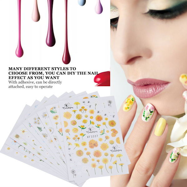 9 st 3D Nageldekor Sticker Marguerite Blomma Självhäftande DIY Manikyr Dekaler Verktyg