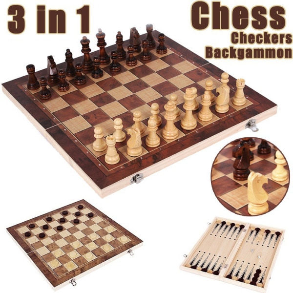 Sammenleggbart 3-i-1 sjakk Western Backgammon Dam Tresjakkbrett sammenleggbart sjakkbrettspill 24*24cm