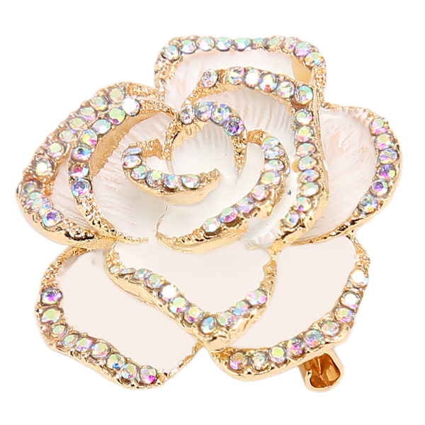Vit Blomma Brosch Nål Kvinnor Retro Elegant Utsökt Legering Rhinestone Blomblad Brosch för Bröllop Bankett