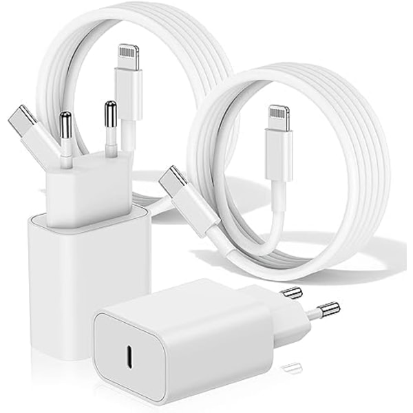 2-pack - iPhone Laddare Adapter + Kabel 20W USB-C Snabbladdare