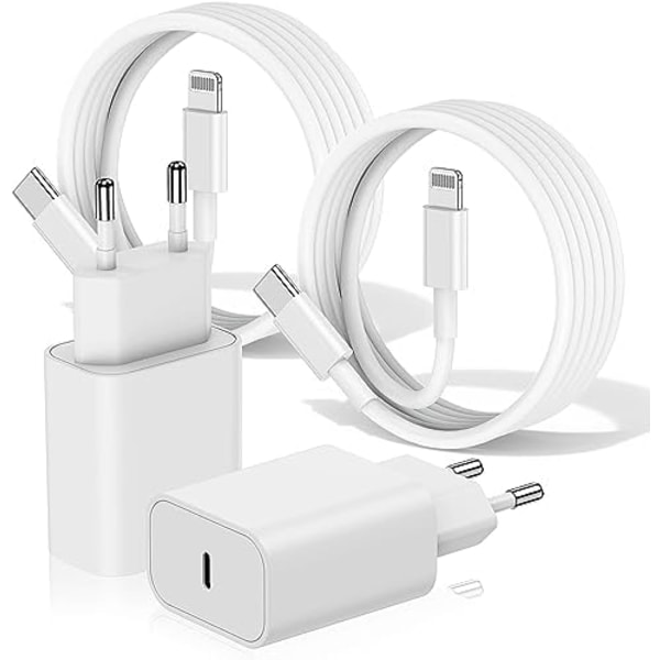 2-pakning - iPhone Ladeadapter + Kabel 20W USB-C Hurtiglader
