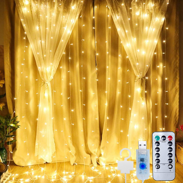 Julelys 3m x 3m LED-lys, Gardin, 8 Moduser, 300 LED USB Lysgardin Warm White