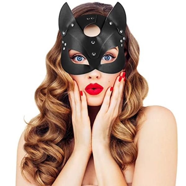 Halloween Catwoman-mask, sexig mask för kvinnor, karnevalsmask venetiansk mask, UNOLIGA svart PU-lädermask black