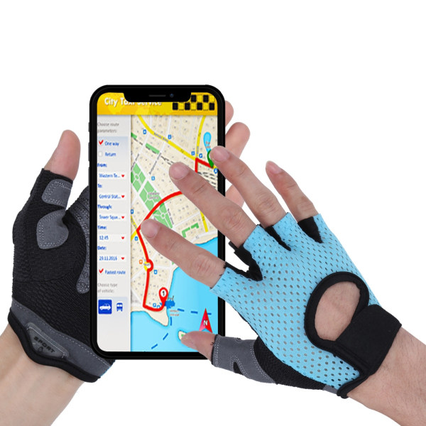 Fitness-handskar med halkfritt grepp, andningsbara, sportsträning, halvfinger, för yoga, blå (L)