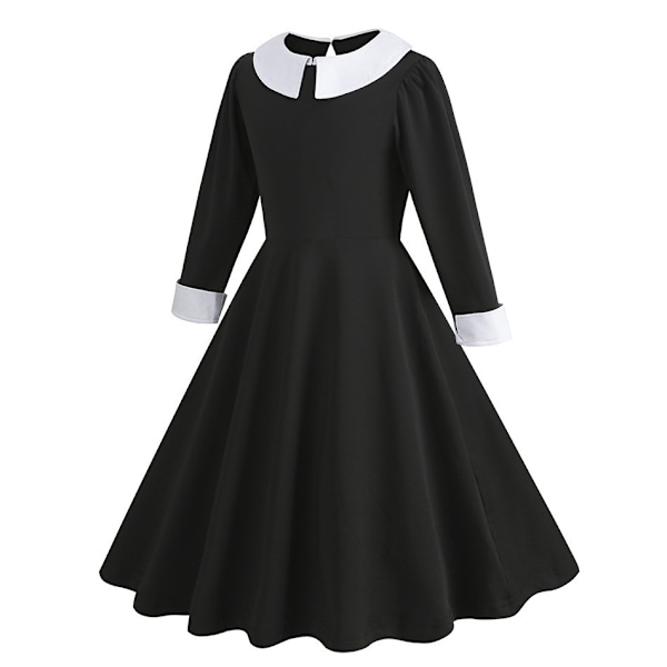 Halloween Wednesday Addams cosplay-kjole for barn i svart chiffon all black 120cm