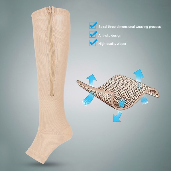 1pari vetoketjulla pohkeen keskipitkällä sukkakompressiosukat Ohut leggingsit Stretch-sukat Avovarvas (ihonväri XXL)