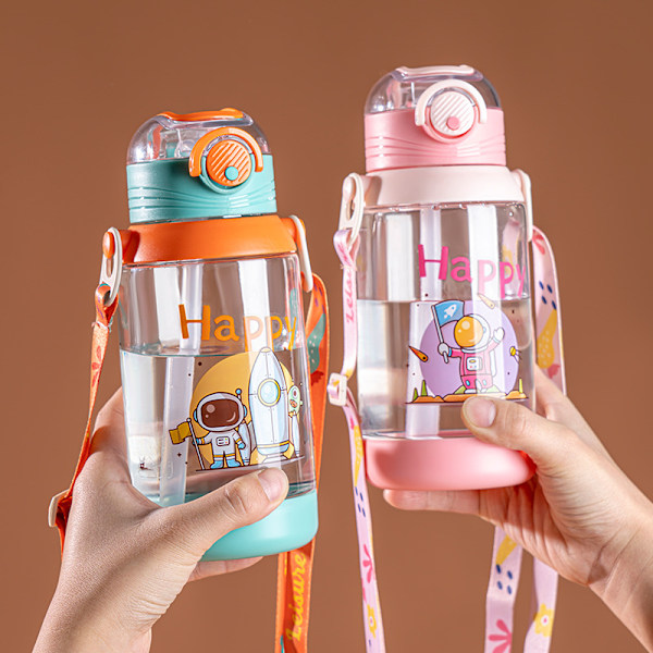 Vattenflaska för barn med sugrör, 600 ml, rosa