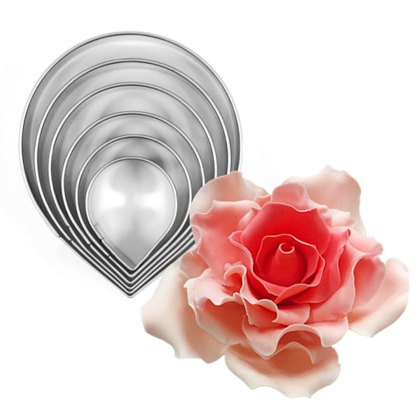 7 stk/sett Rose Cutter Rustfritt Stål Vanndråpeformet Fondant Blomsterformer Blomsterblad Stenciler Cutter Kakedekorasjonsverktøy