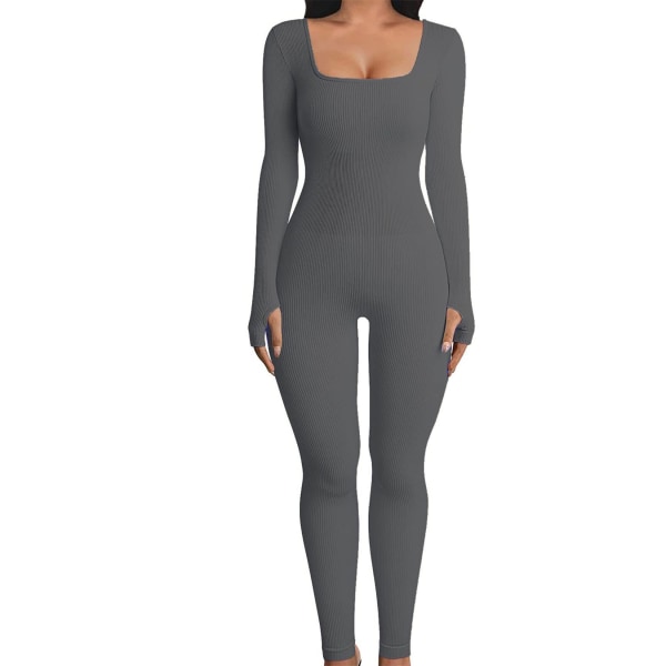 Yoga Fitness Jumpsuit med Trådad Kvadratisk Halsringning dark grey M