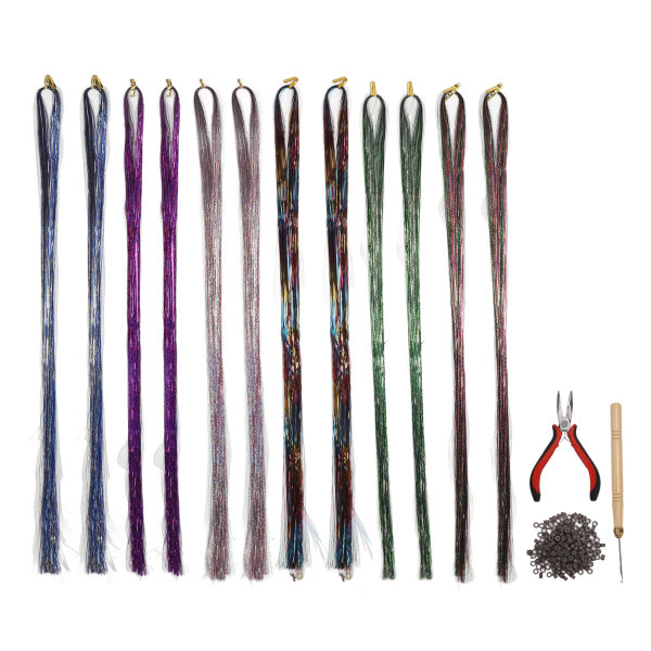 Hair Tinsel Kit med værktøj 12 stk. Glitrende farverigt Tinsel Hair Extensions Farverigt skinnende frisure dekorationsværktøj til fest