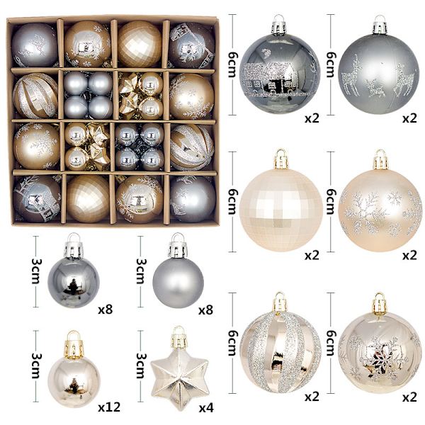 Julekule 44 stk. Malte Forme Papirboks 3-6cm Passer Julepynt Elektroplettering Kule Henger Iron Gray Champagne Gold